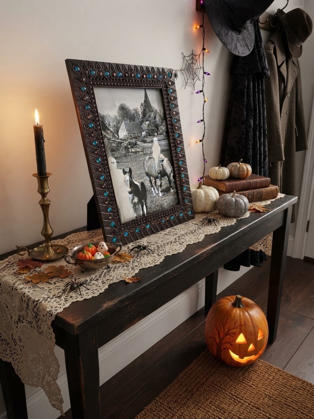 Ghost with horses on a country cottage farm in a decorative frame